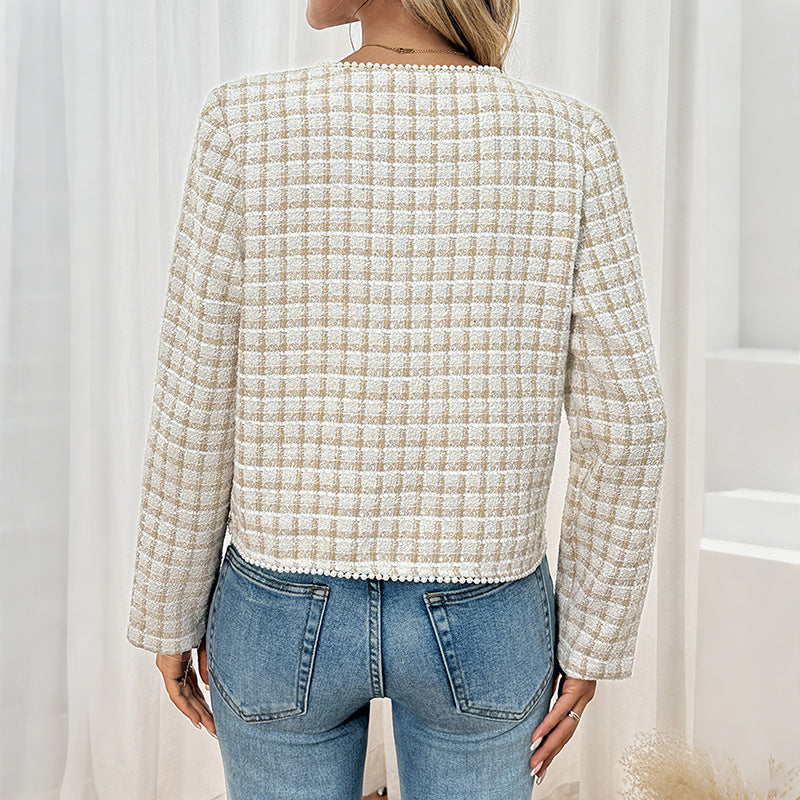 Elegant Retro Debutante Style Women's Lace V-neck Plaid Coat