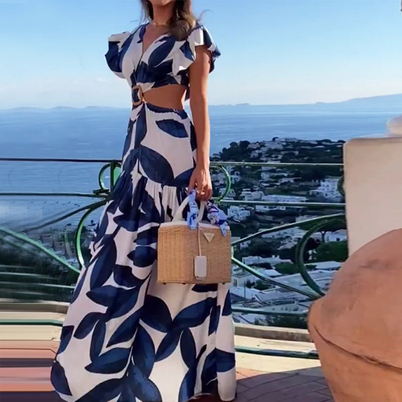 V-neck Ruffle Sleeve Waist Hollow Out Long Dress