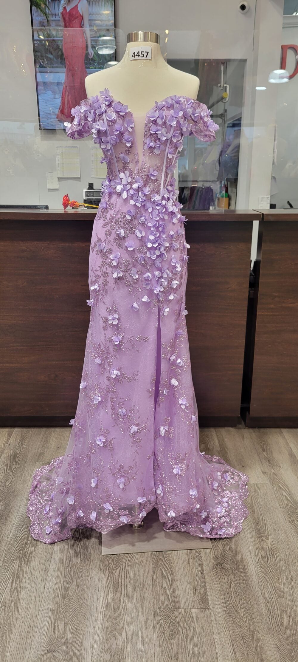 Off-Shoulder Floral Applique Gown with Ruffled Trim and Front Slit Prom Dress