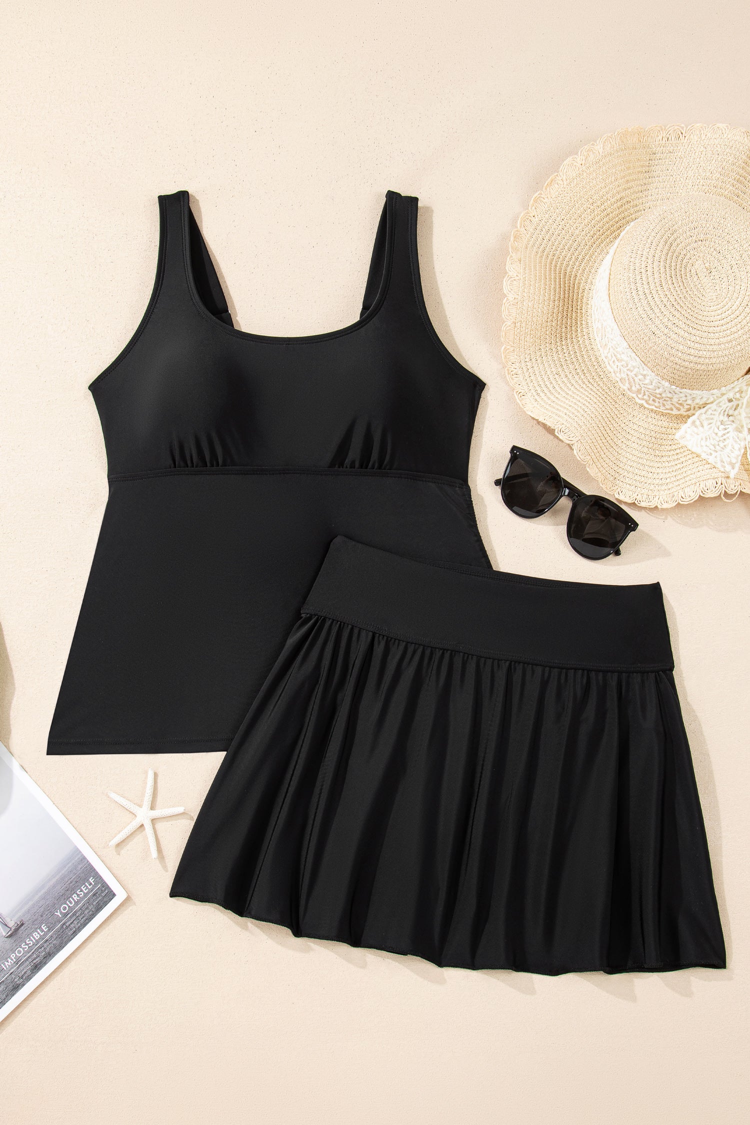 Black Scoop Neck Adjustable Tankini and Matching Skort Bathing Suit