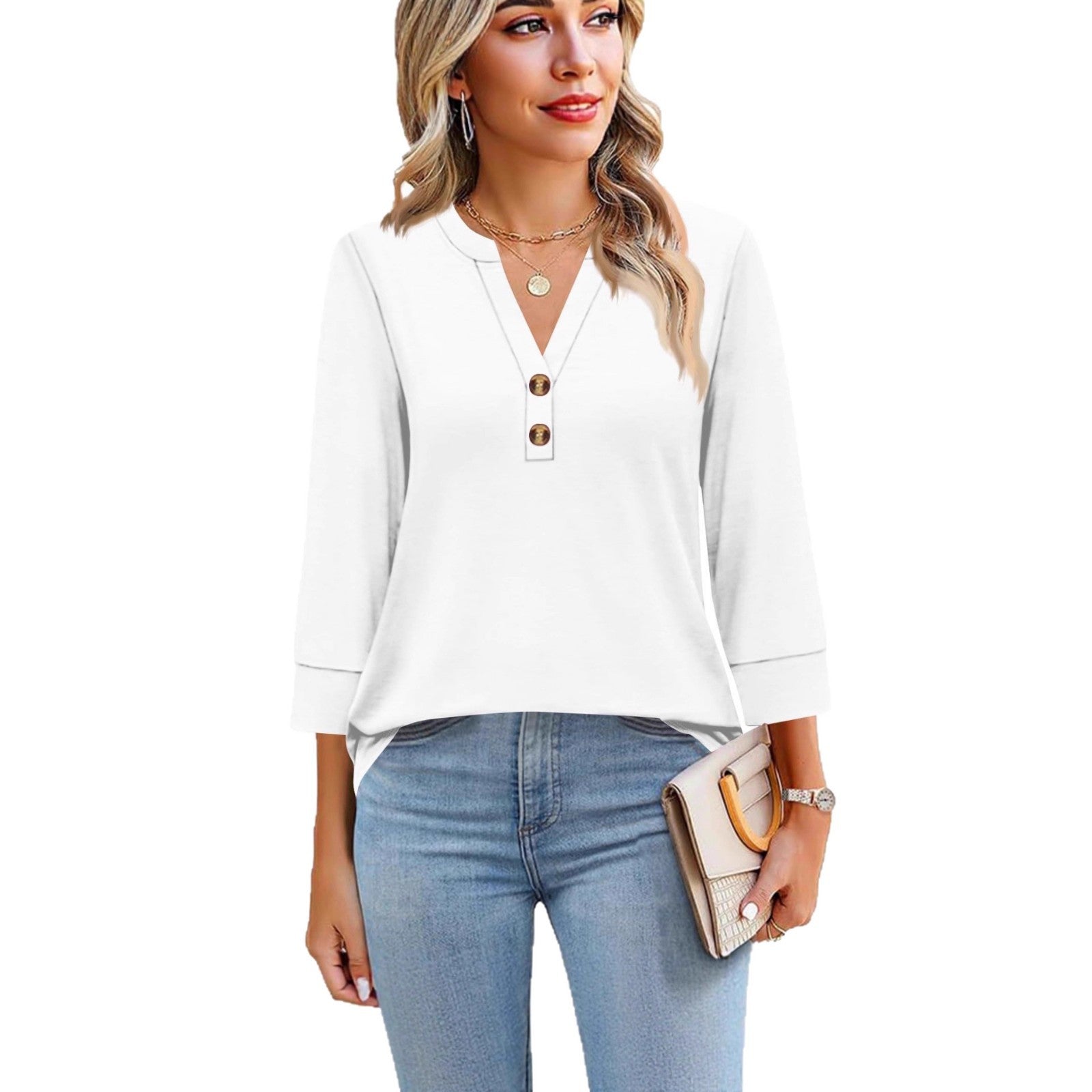 Womens Plus-Size Loose V-Neck Buttoned Three-Quarter Sleeve T-Shirt