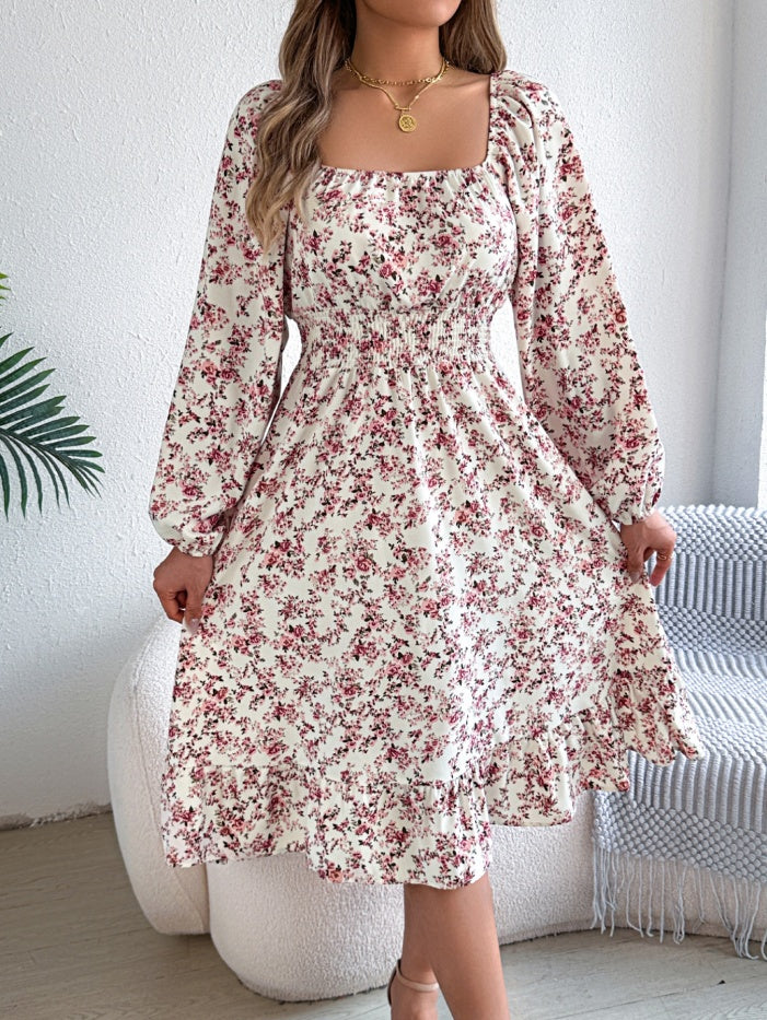 Women's Elegant Floral Square Neck Long Sleeve Waist-Defined Hem Ruffle A-Line Dress