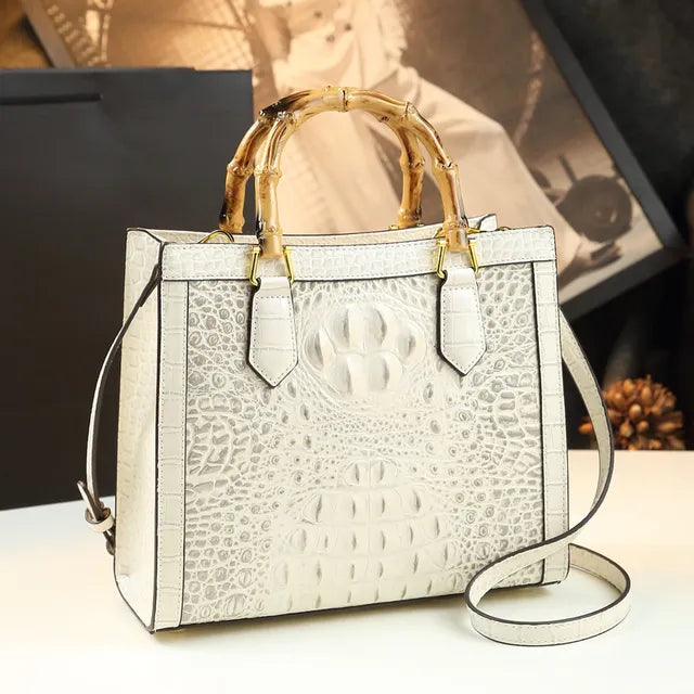 Brand Genuine Leather Bamboo Women's Bag Crocodile Pattern Ladies Handbag Portable Tote Bag Mom Tide Shoulder Messenger Bags