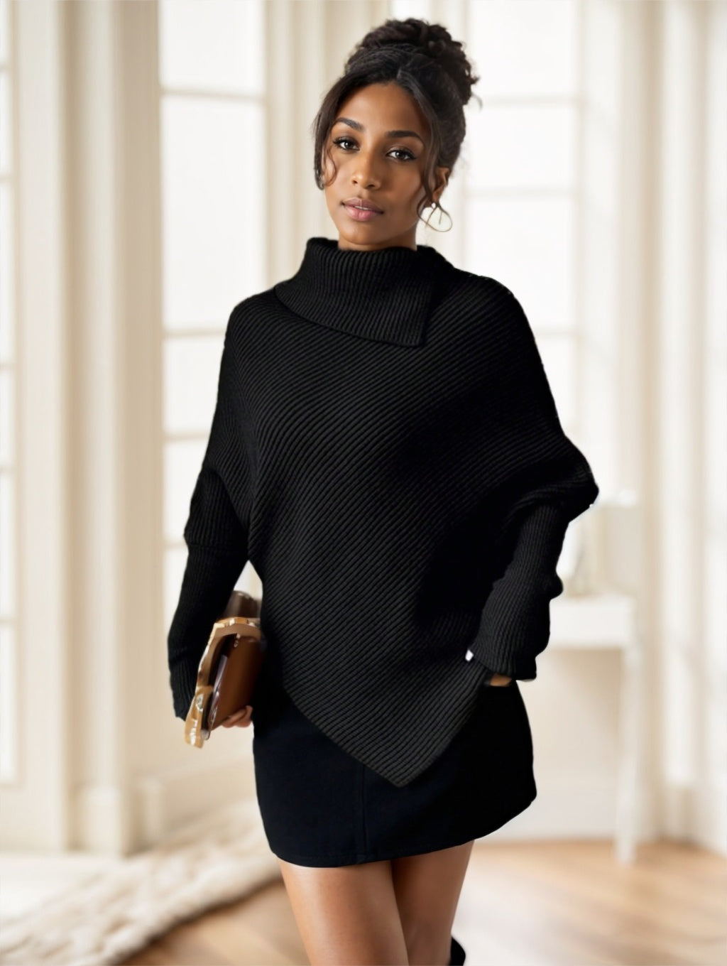 Women's Black Asymmetrical Turtleneck Sweater