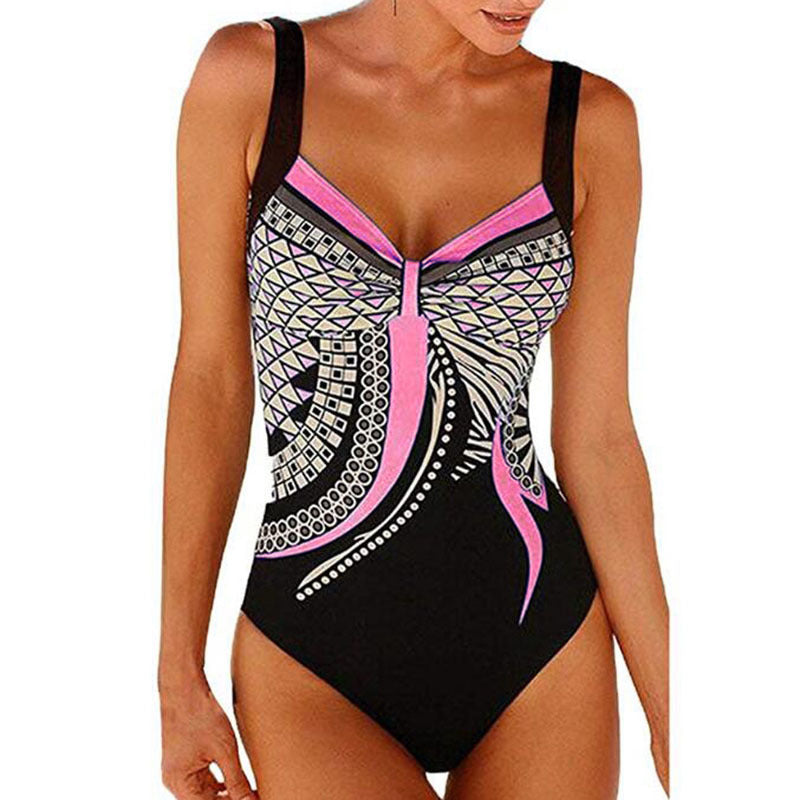 Strap retro printed sexy backless ladies one-piece swimsuit