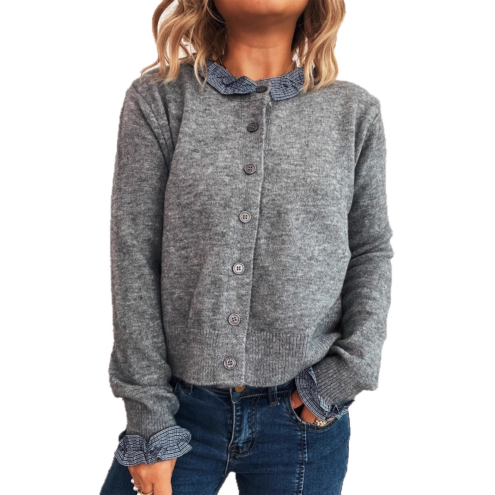 Lace Stitching Single-breasted Long Sleeve Solid Color Slim Fit Sweater