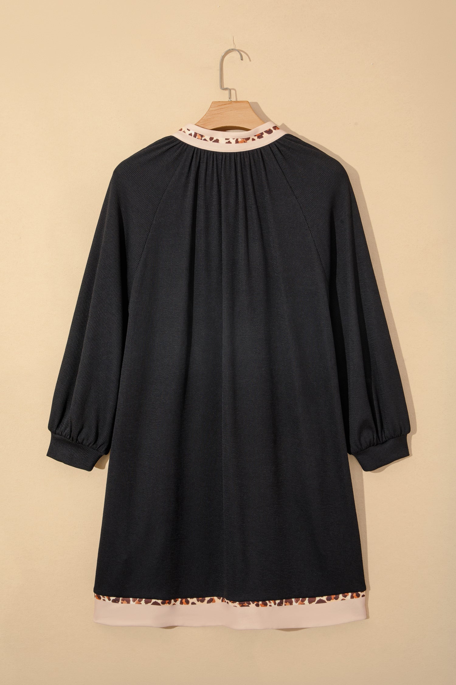 Black Contrast Color Block Leopard Trim Plus Size Ribbed Dress