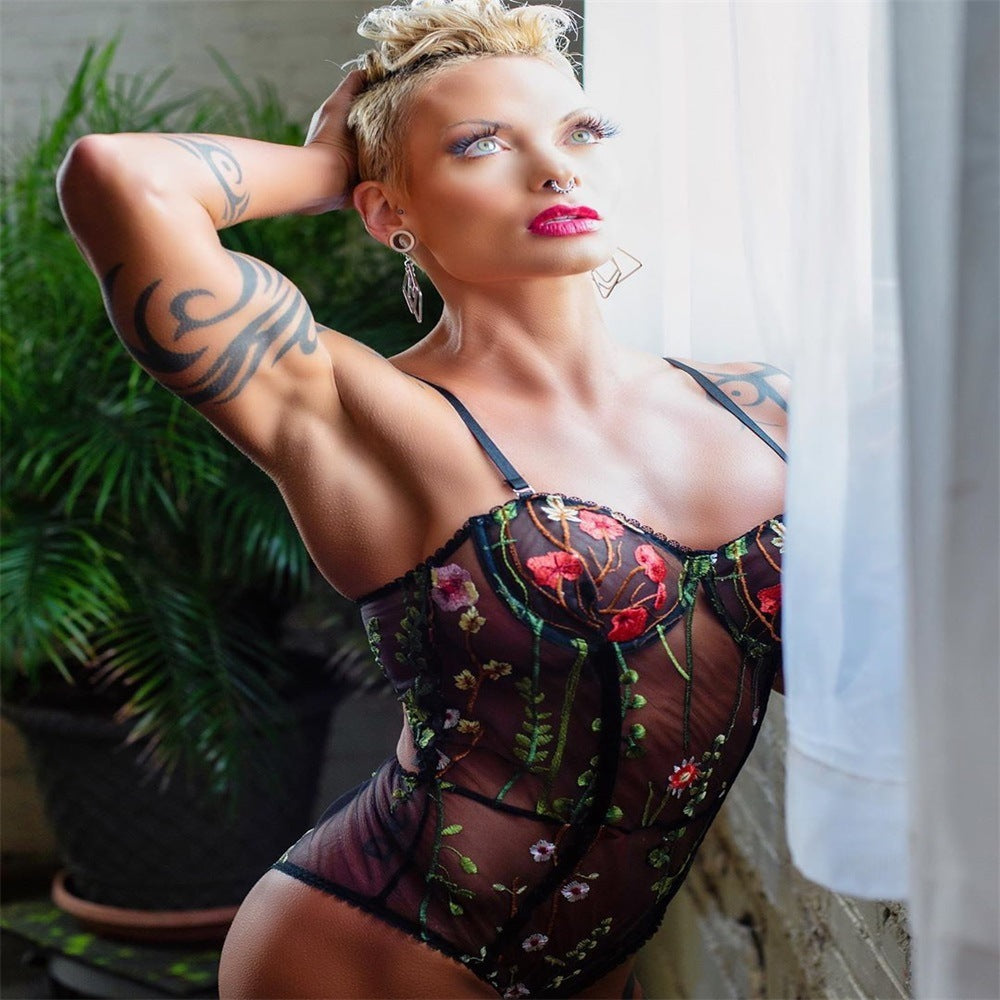 Women's Fashion Flower Embroidery Bodysuit