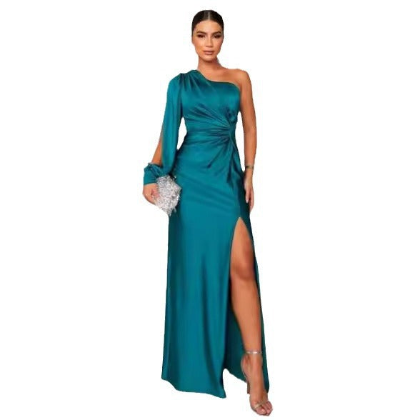 Women's One-shoulder Split Dress Ins Fashion Long-sleeved Slim Long Dresses Party Evening Clothing