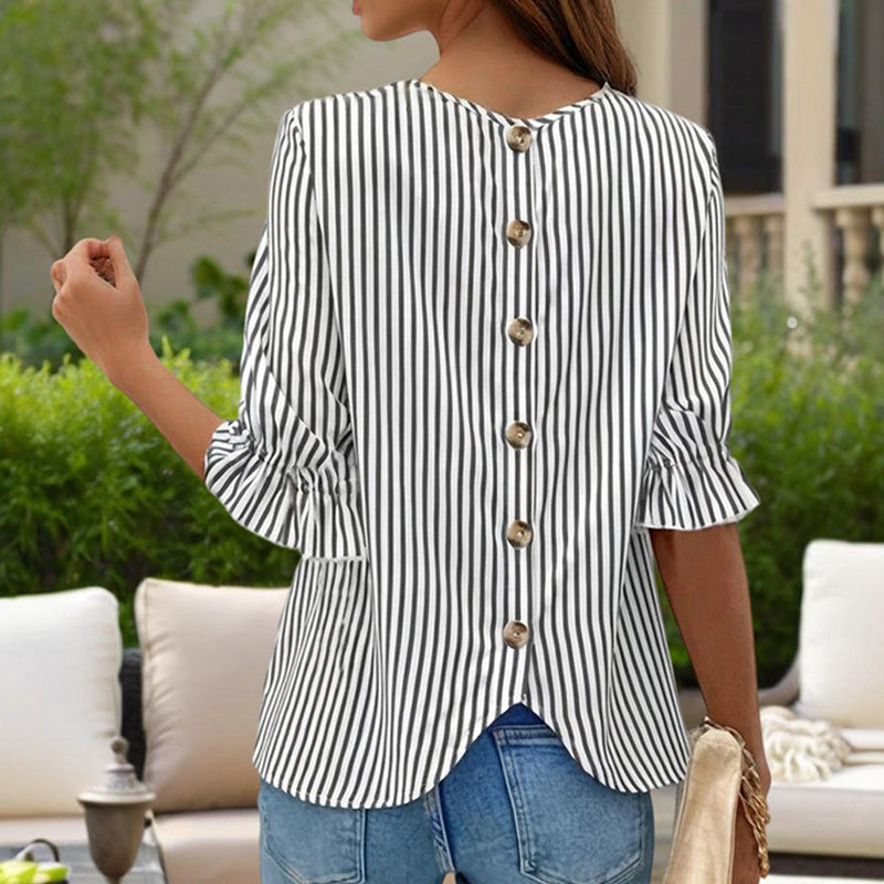 Women's Solid Color Casual Back Button Shirt - Round Neck Striped Summer Top, Breathable Blouse For Relaxed Wear