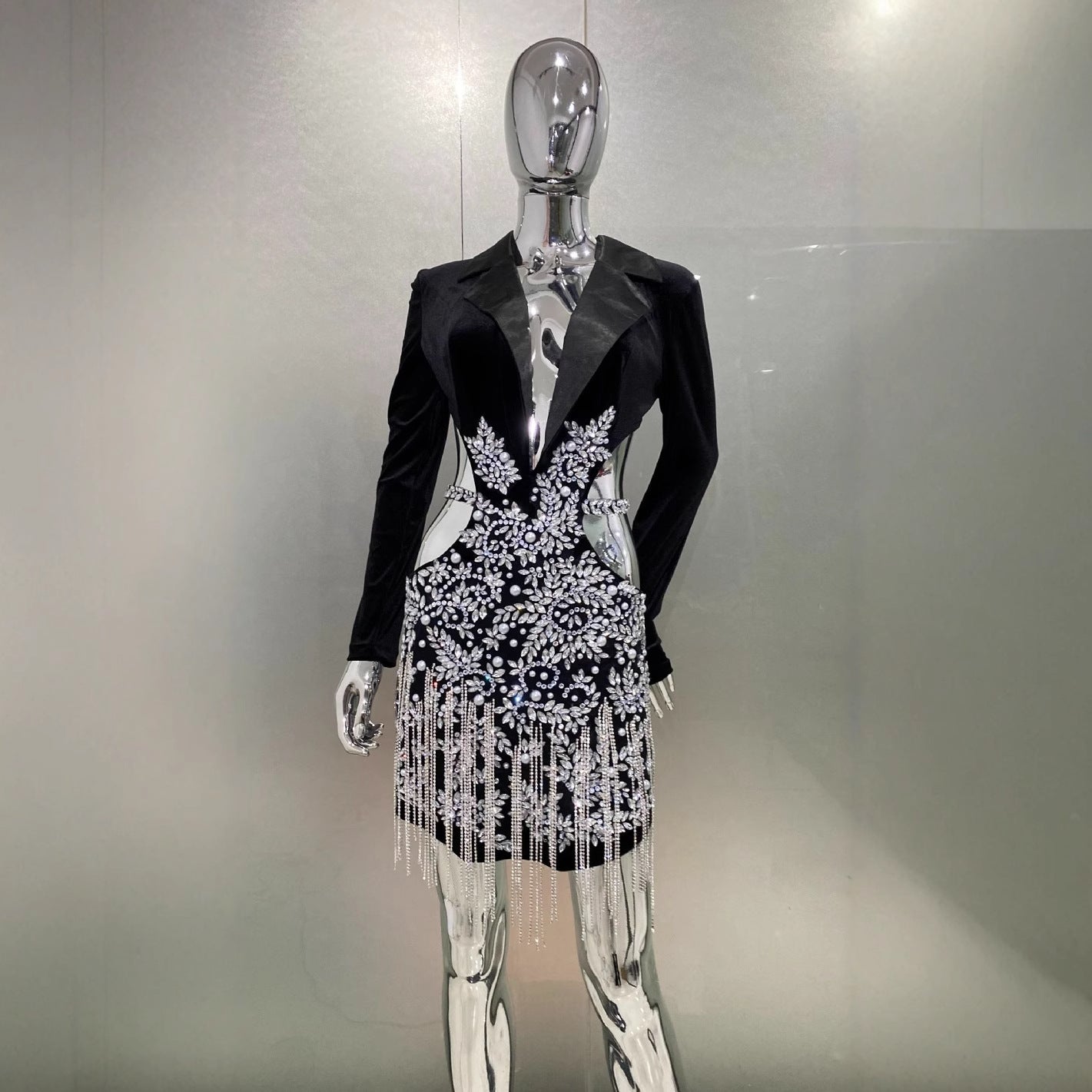 Luxury Rhinestone Tassel Sexy Cutout Suit Dress