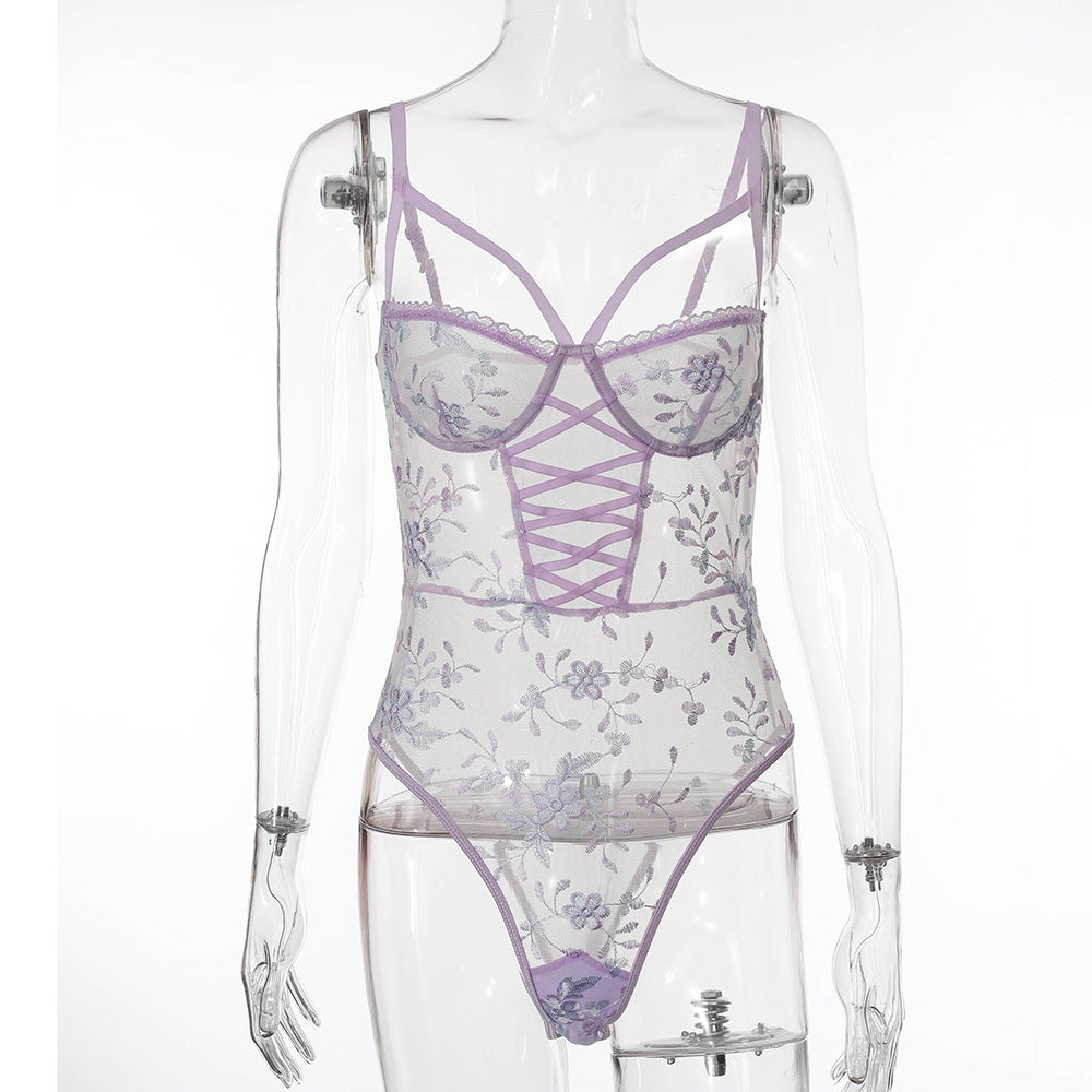 Mesh embroidery flower bodysuit
