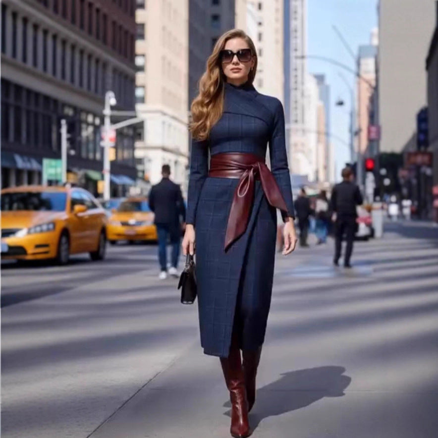 Womens Stylish Sophisticated Wide-waisted Belted Dress