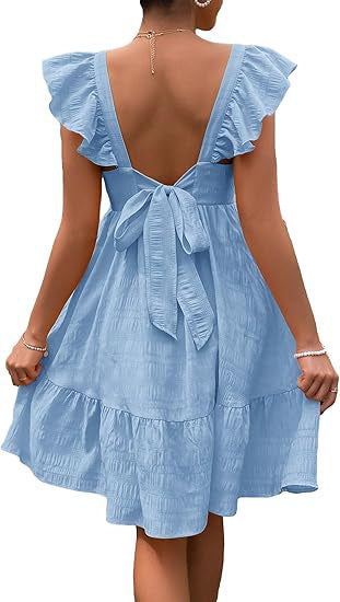 Bohemian Ruffled Backless Dress With A Square Neckline And Shirred Detailing