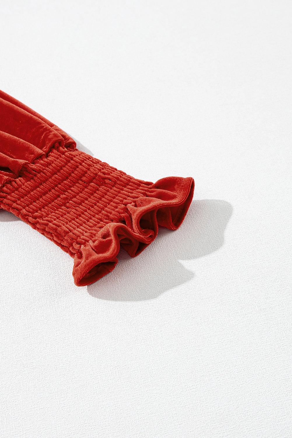 Green Smocked Lantern Sleeve Frilled Velvet Dress