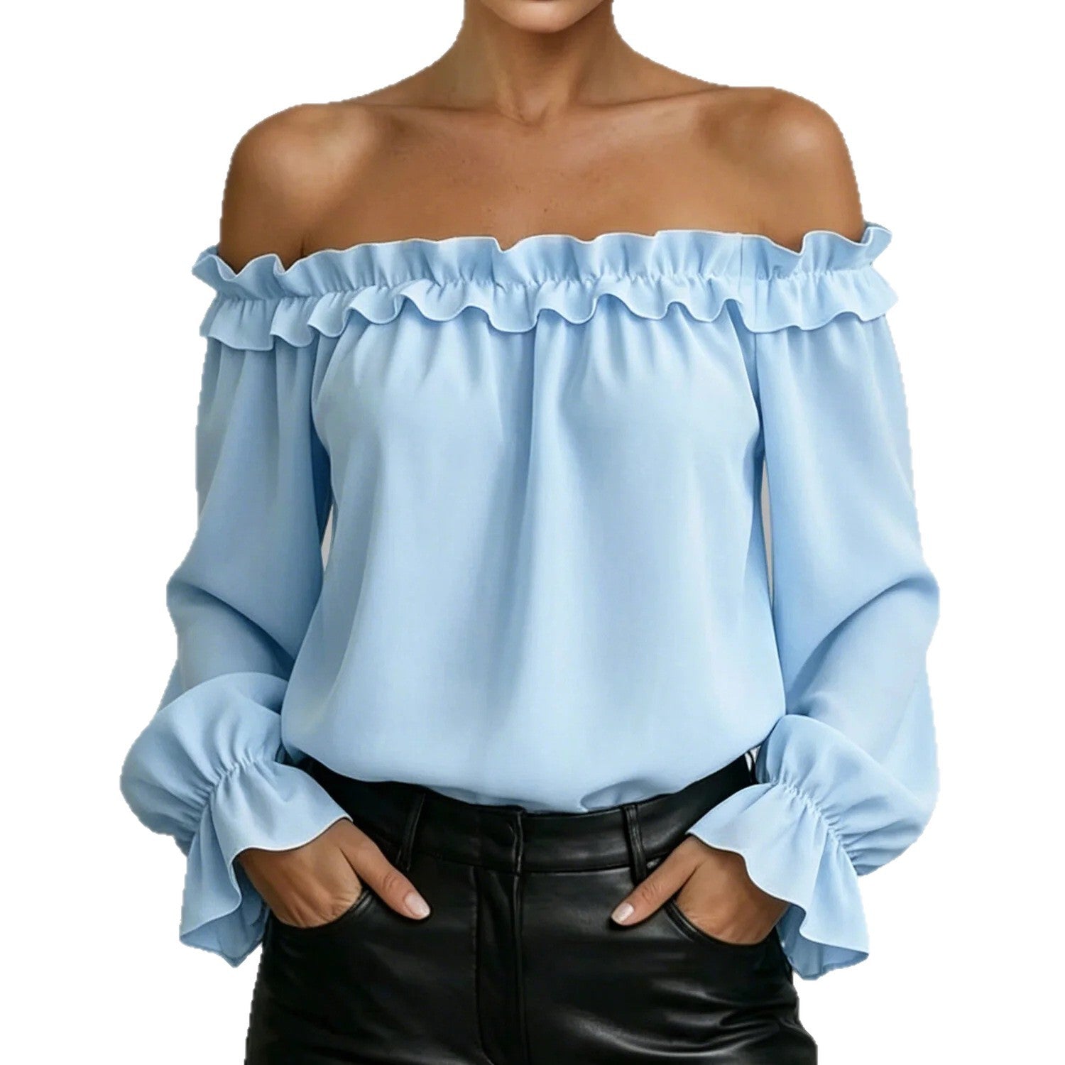 Spring Summer New Elegant Casual Ruffle Off-Shoulder Long-Sleeve Shirt For Women