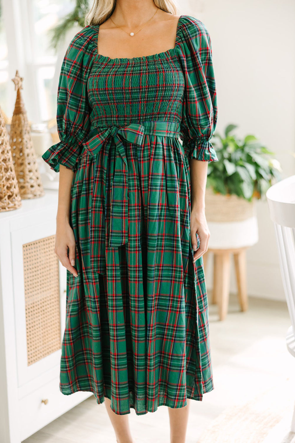 Green Plaid Square Neck Puff Sleeve Bowknot Waist Flared Midi Dress