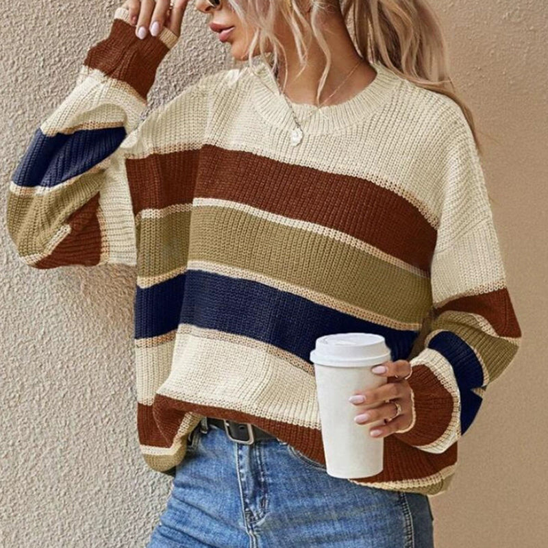 Women's 2025 Striped Color Block Sweater, Cute Crewneck Pullover Top, Fall Winter Fashion Knitwear