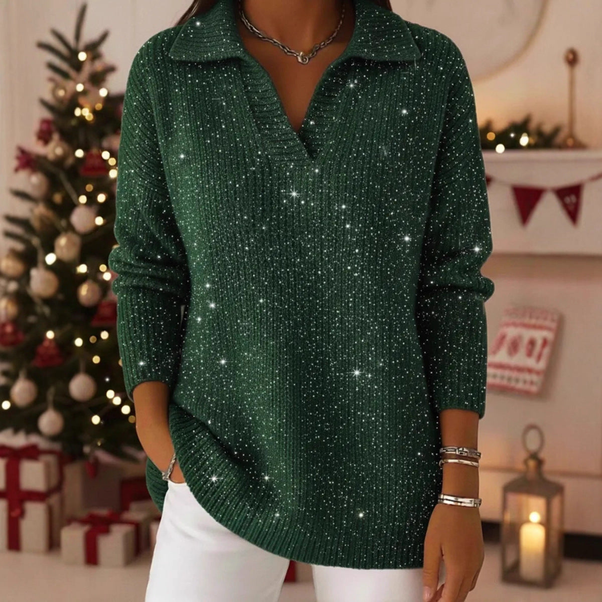 New Solid-color Long-sleeve Top Shimmering Sweater