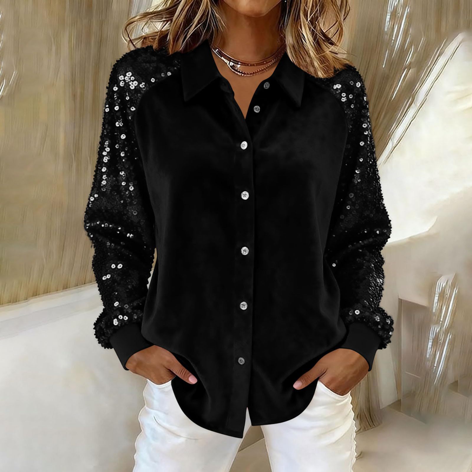 Women's Fashion Sequins Long Sleeve Blouses Casual Solid Long Sleeve Turn-down Collar Button Shirts Top Women Holiday Streetwear Clubwear Clothes