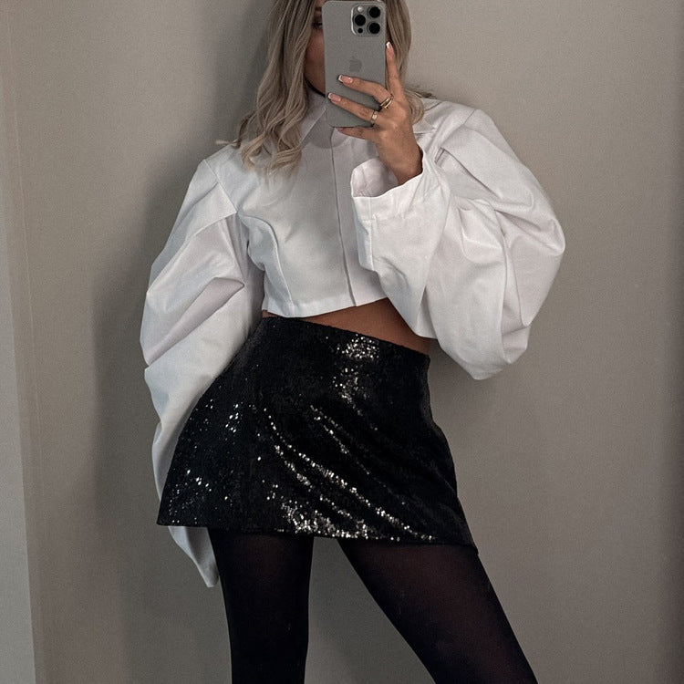 Cotton Lapel Long Sleeves Cropped Shirt