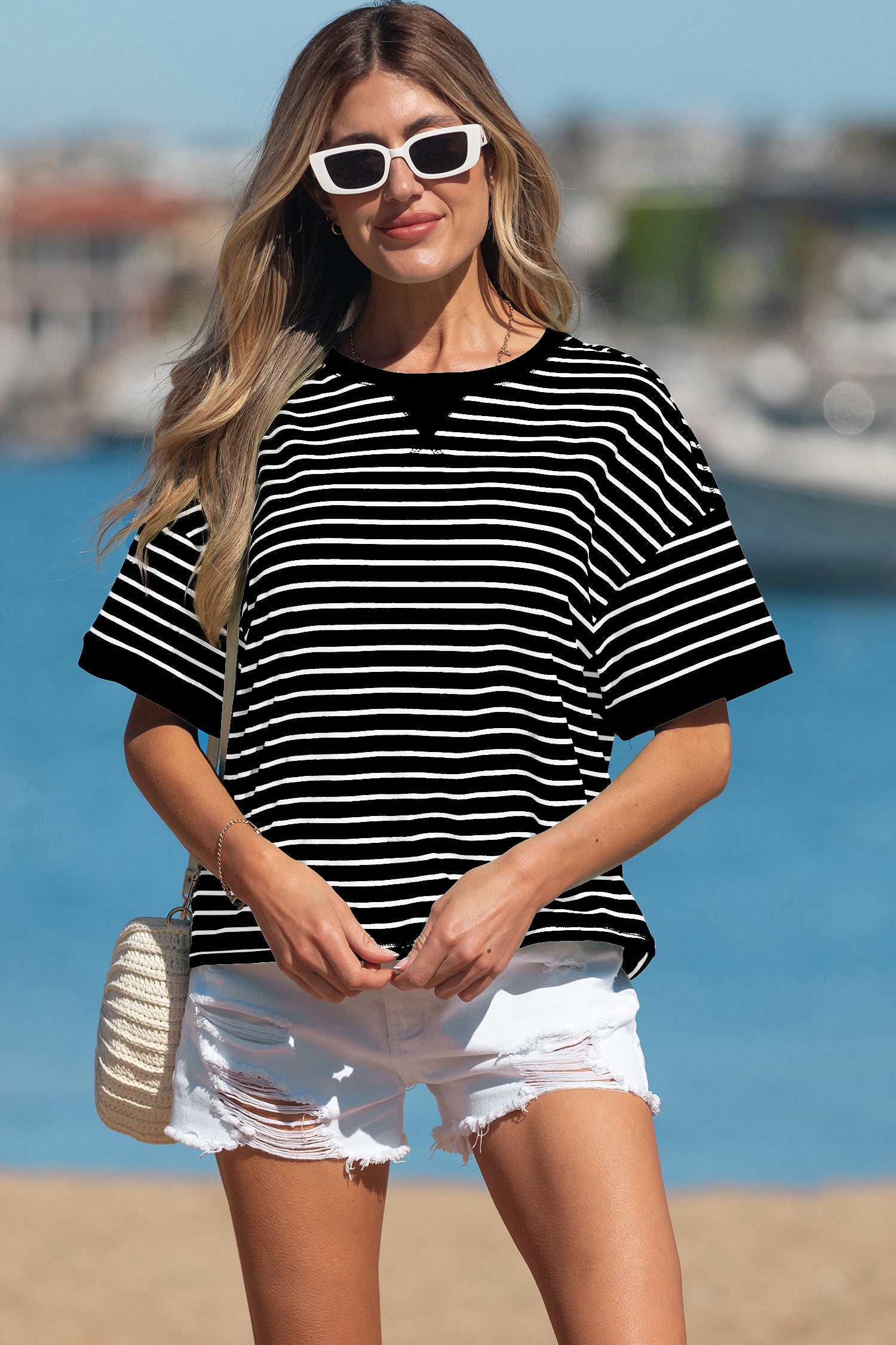 Green Stripe Ribbed Patchwork Seam Detail Half Sleeve Tee
