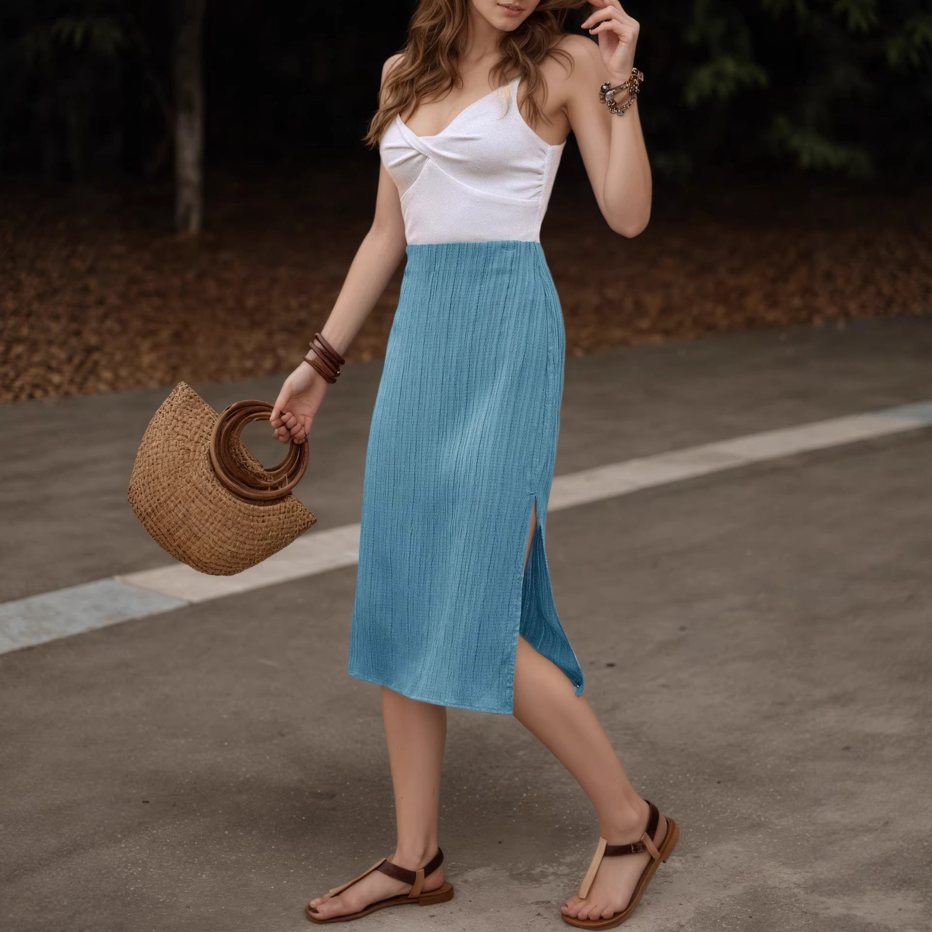 European And American-style High-waisted, Side-slit Figure-hugging Long Skirt