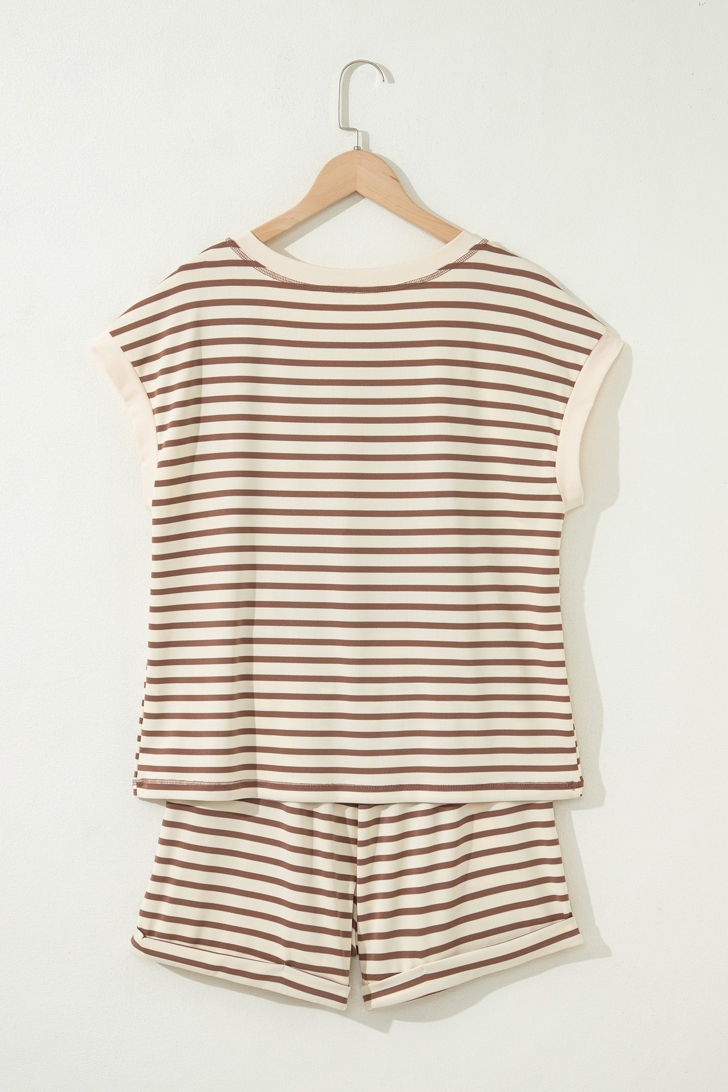 Brown Stripe Half Buttons Top and Shorts Set