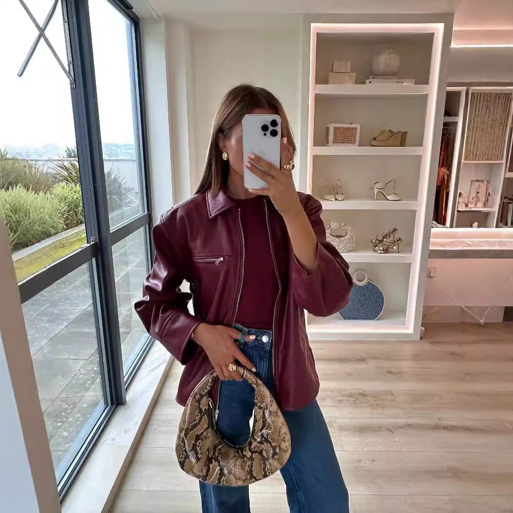 Women's Lapel Zipper Leather Coat