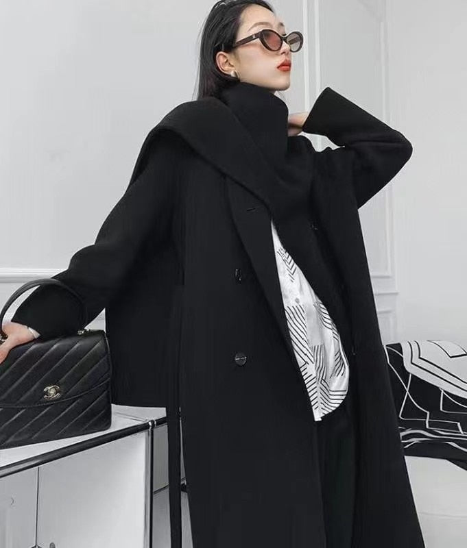 Cappotti con cintura in lana double face da donna autunno e inverno nuovo collo a sciarpa con collo a scialle doppiopetto tinta unita