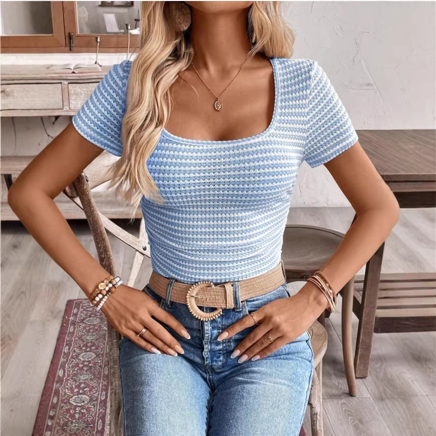 Womens Short-Sleeve T-Shirt With A U-Neck Striped Paneling And Pleated Design