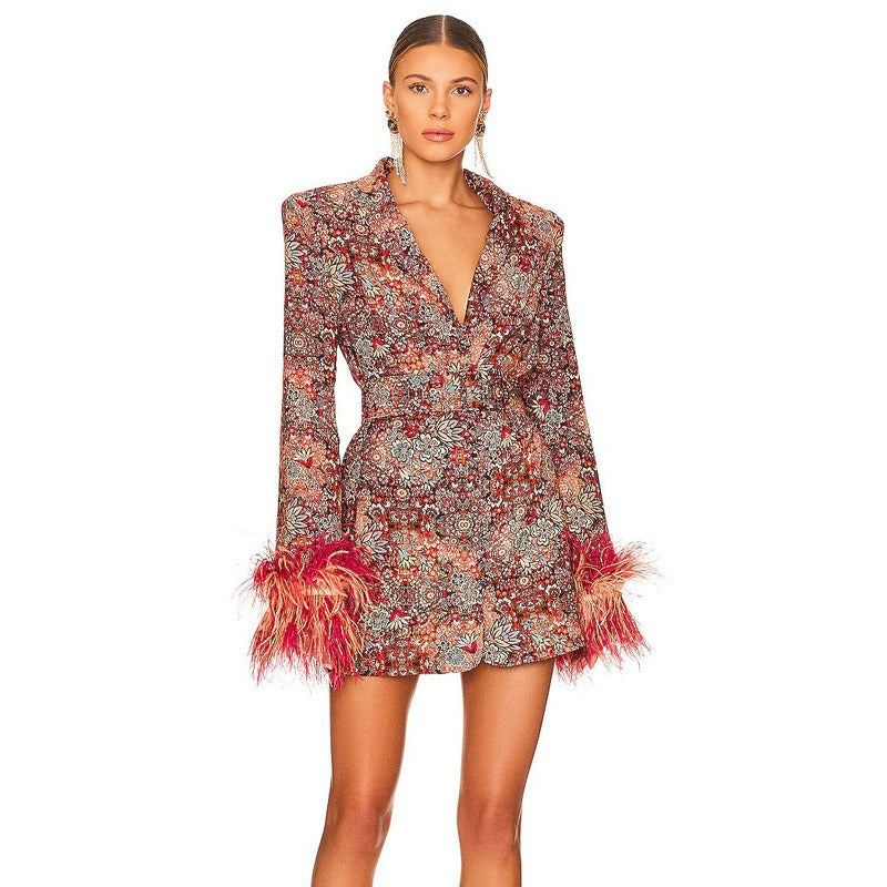 V-neck floral dress with decorative feathers at cuffs, elegant dress