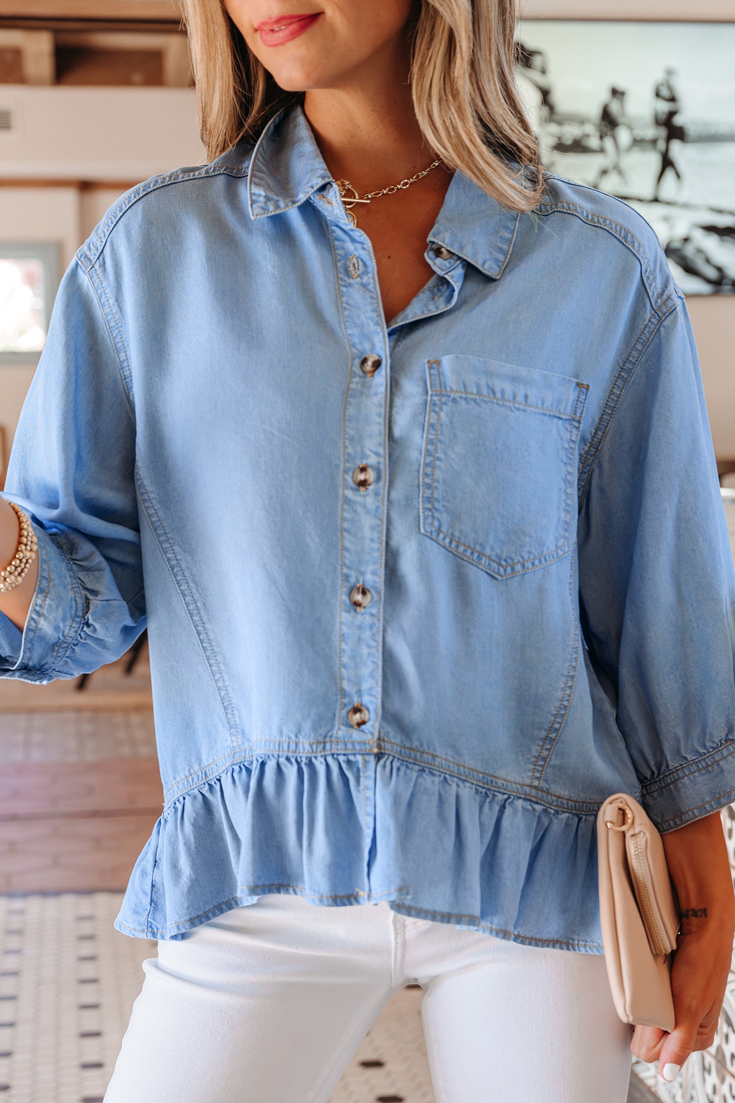 Beau Blue Half Sleeve Button Down Ruffled High Low Chambray Shirt