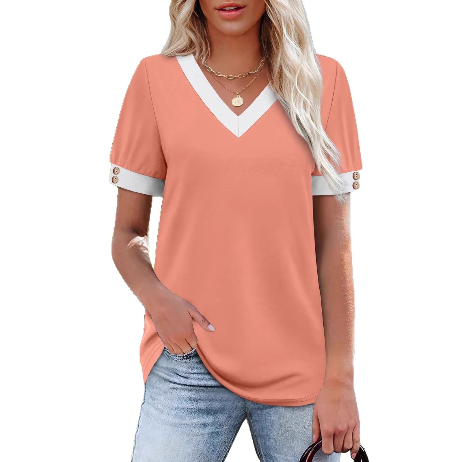 V-neck Contrast-Color Sleeveless All-Match Buttoned Pullover Short-Sleeve Top
