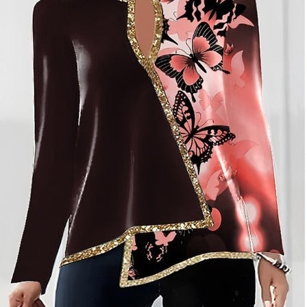 T-shirt aderente a maniche lunghe con scollo a V e orlo irregolare