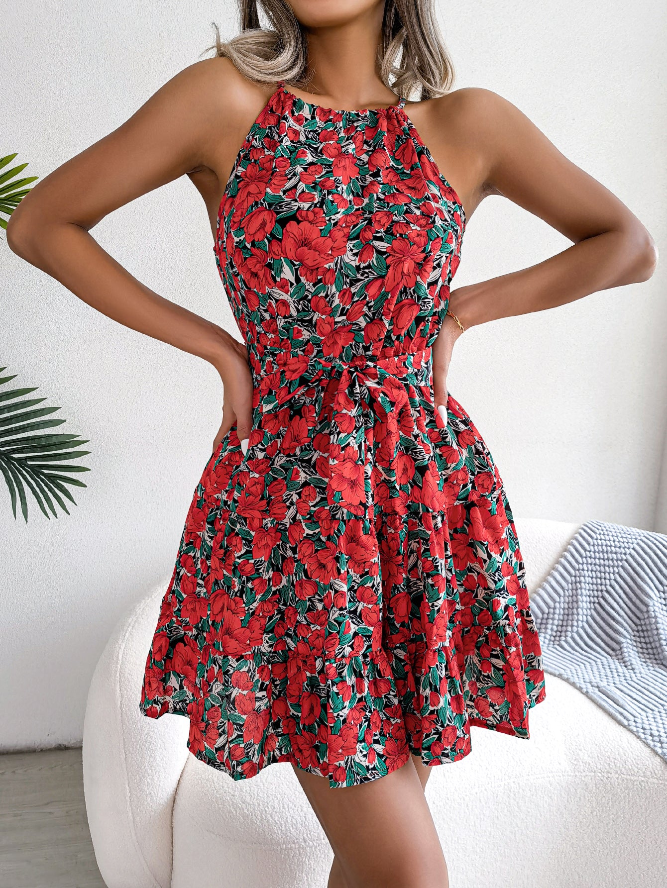 Women Casual Ruffle Hem Flowy Floral Print Vacation Dress