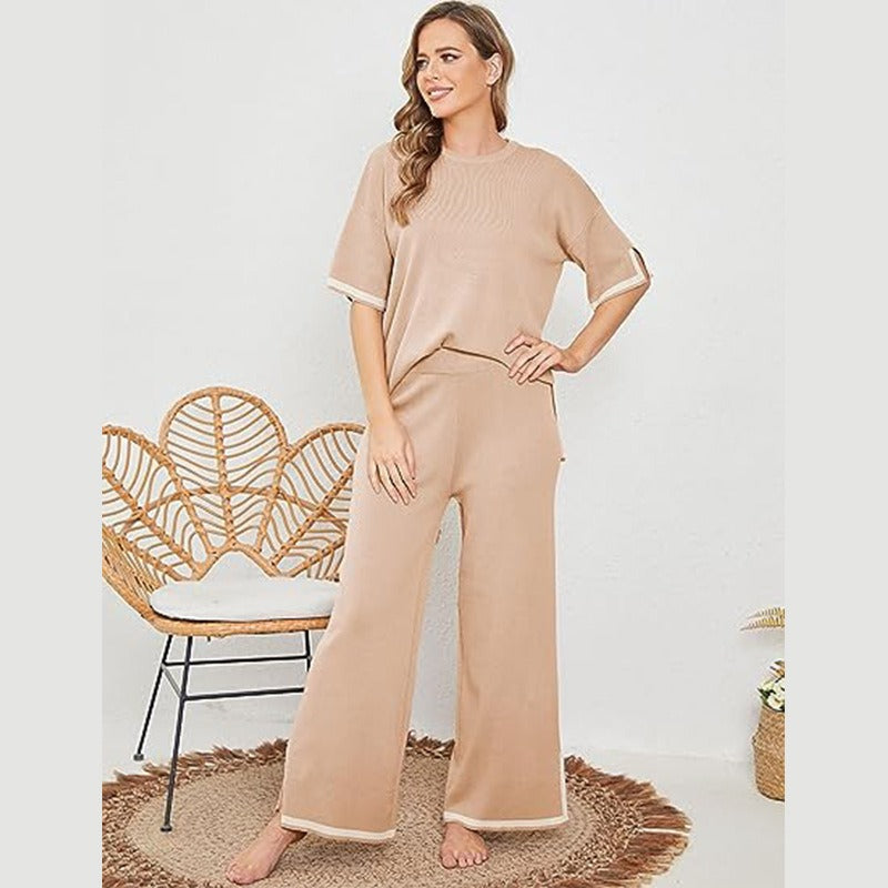 Knitted suit sweater suit short sleeve pullover wide leg pants