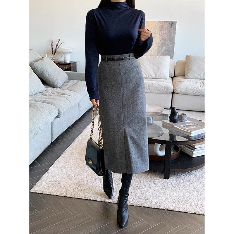 Gray Women's Autumn And Winter Thickened High Waist Mid-length Commuting Figure Flattering Sheath Skirt