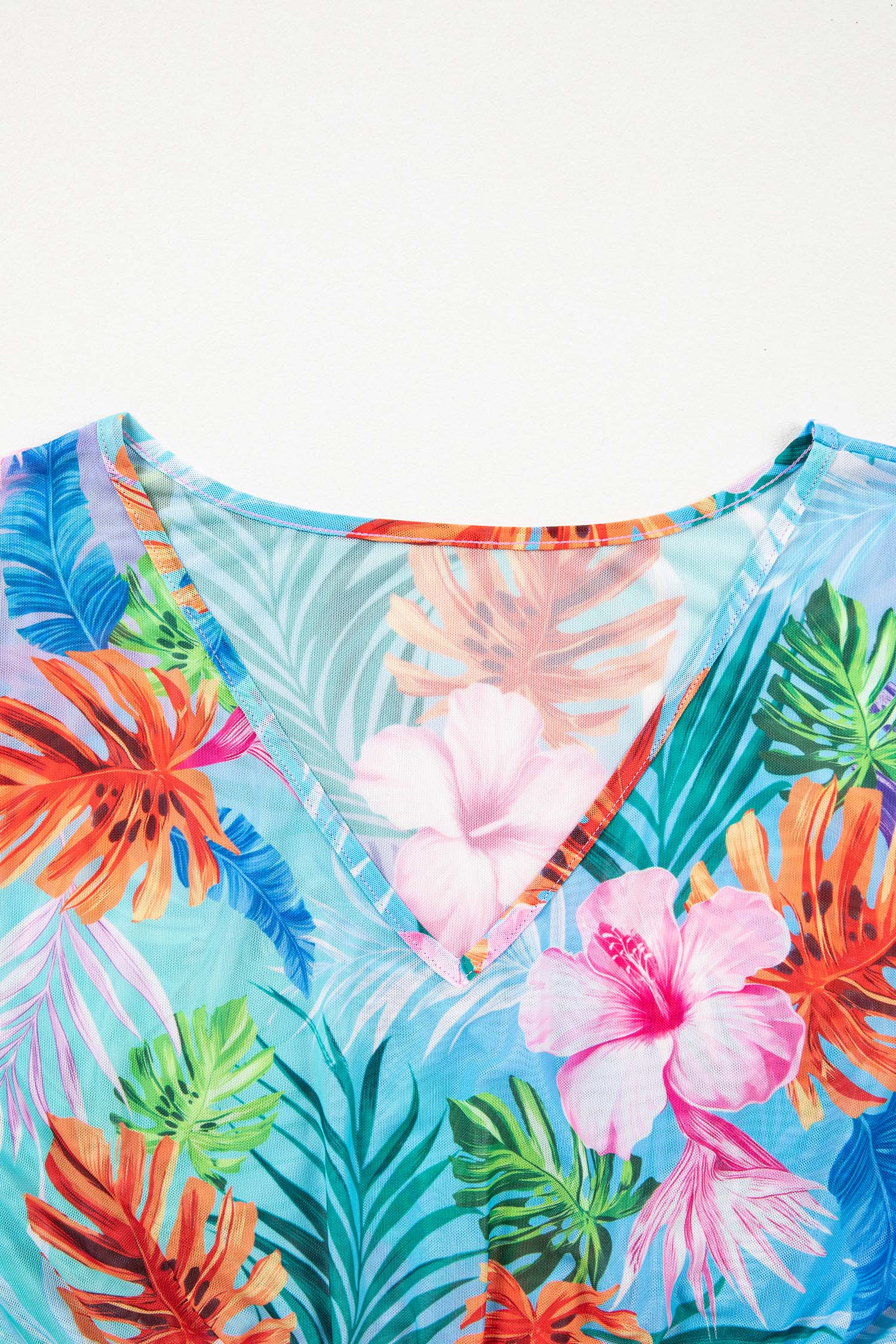 Rose Floral Print V Neck Semi Sheer Beach Cover Up Dress