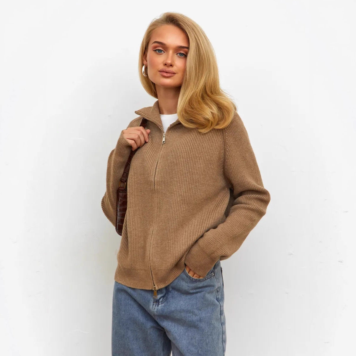 Women's Casual Knit Dual-zip Solid Color Sweater