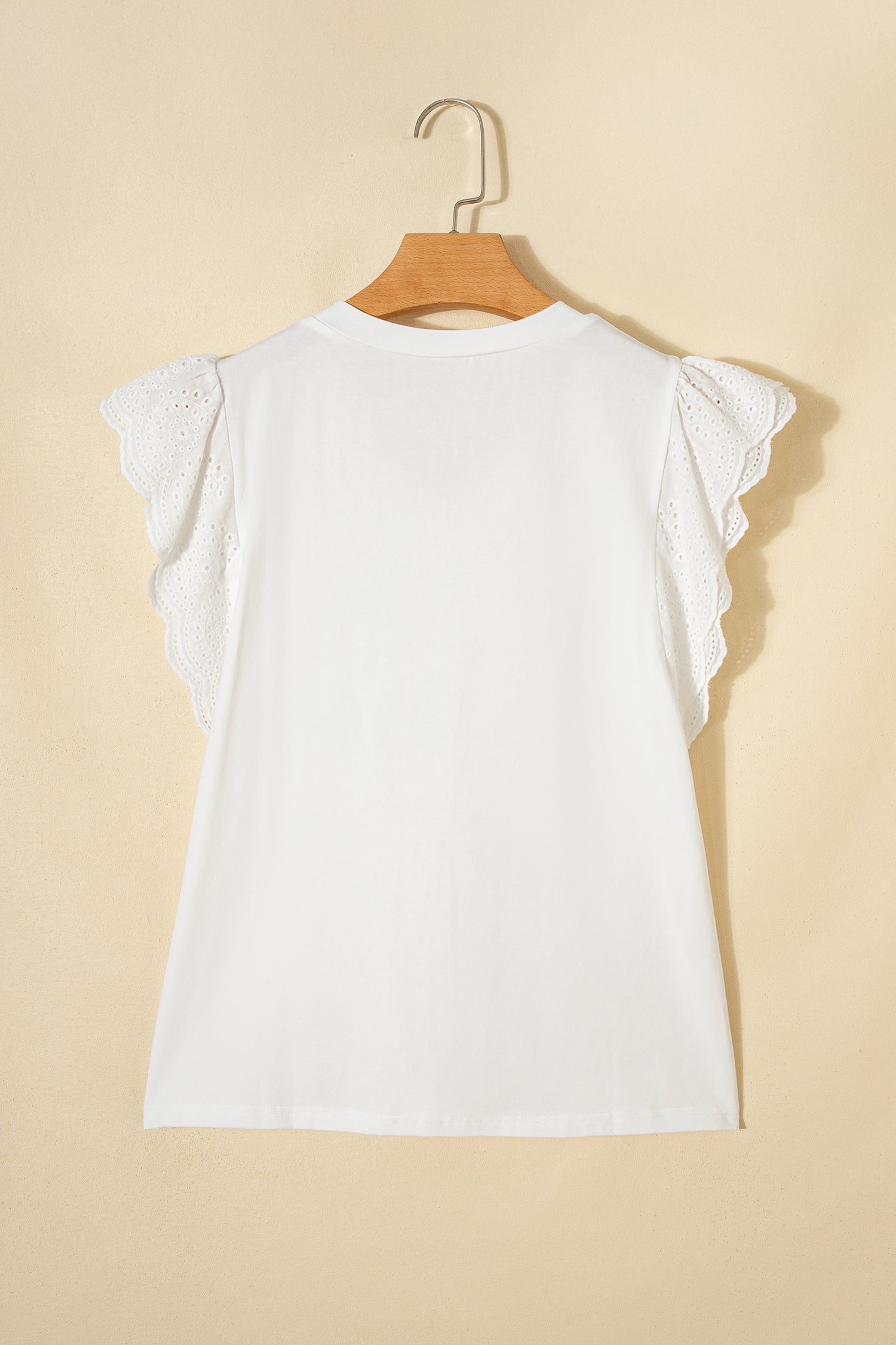 White Eyelet Embroidered Flutter Sleeve Patchwork V Neck Tee
