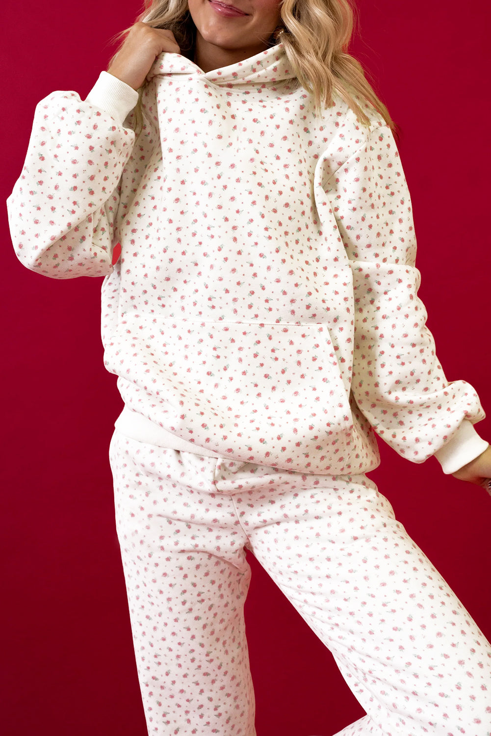 Pink Floral Print Kangaroo Pocket Hoodie Sheath Sweatpants Set