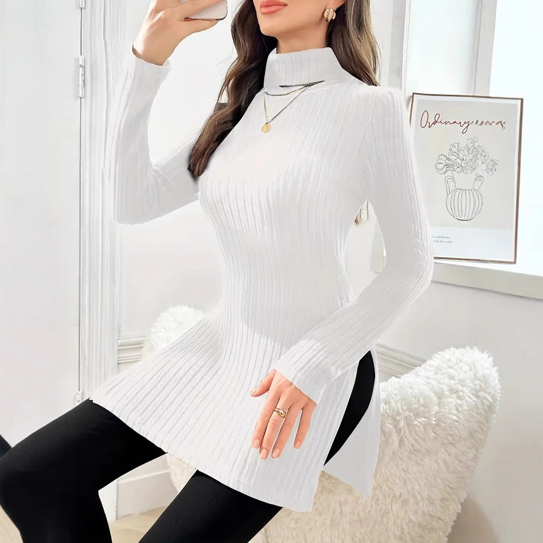 Plus Size Women's Turtleneck Pullover Side Slit Mid-length Sweater