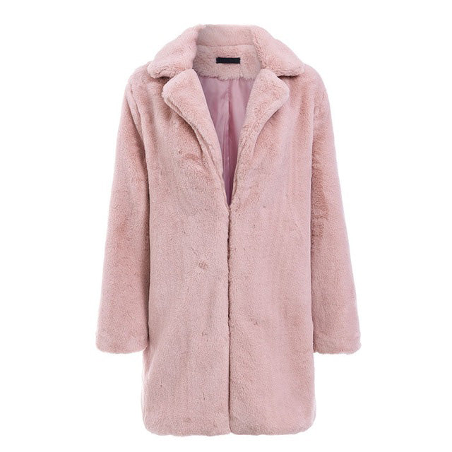 Elegant long faux fur coat Women Autumn winter warm soft pink fur coat Female casual luxury plush coat outwear