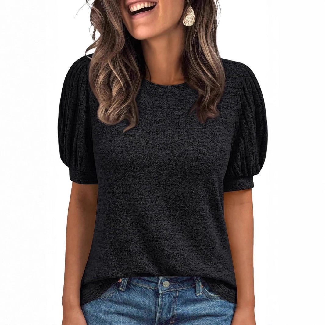 Spring Summer Crew-Neck Solid-Color Elastic-Cuff Short-Sleeve Top