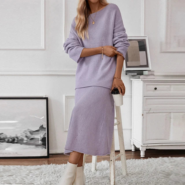 Knitted Sweater Skirts Suit Female Slash Neck Loose Long Sleeve Pullover And Elastic High Waist Fishtail Skirts