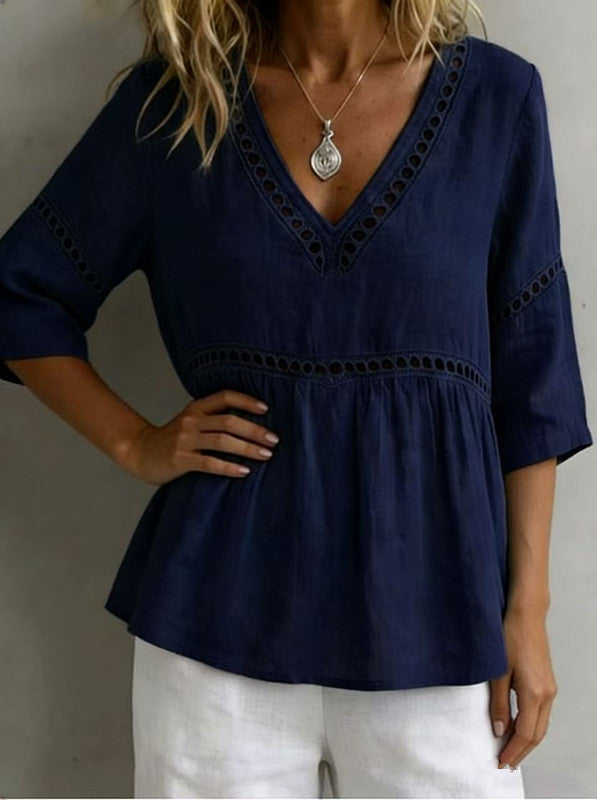 Solid-color V-neck Hollow-out Casual Fringed Top