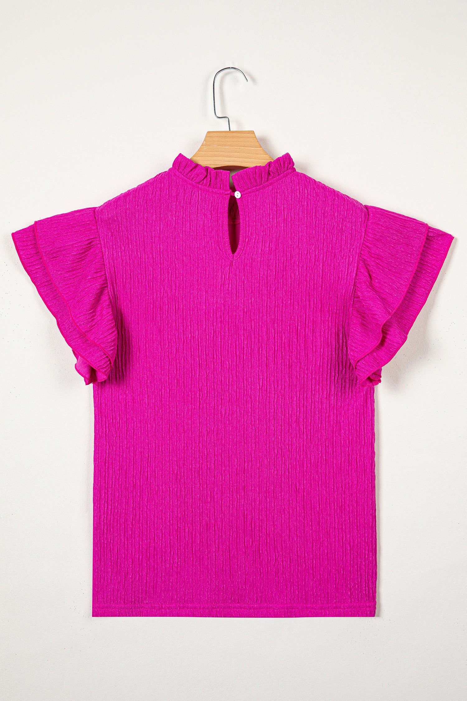 Black Solid Color Textured Ruffle Trim Short Sleeve Blouse
