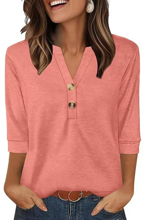 Womens Plus-Size Loose V-Neck Buttoned Three-Quarter Sleeve T-Shirt