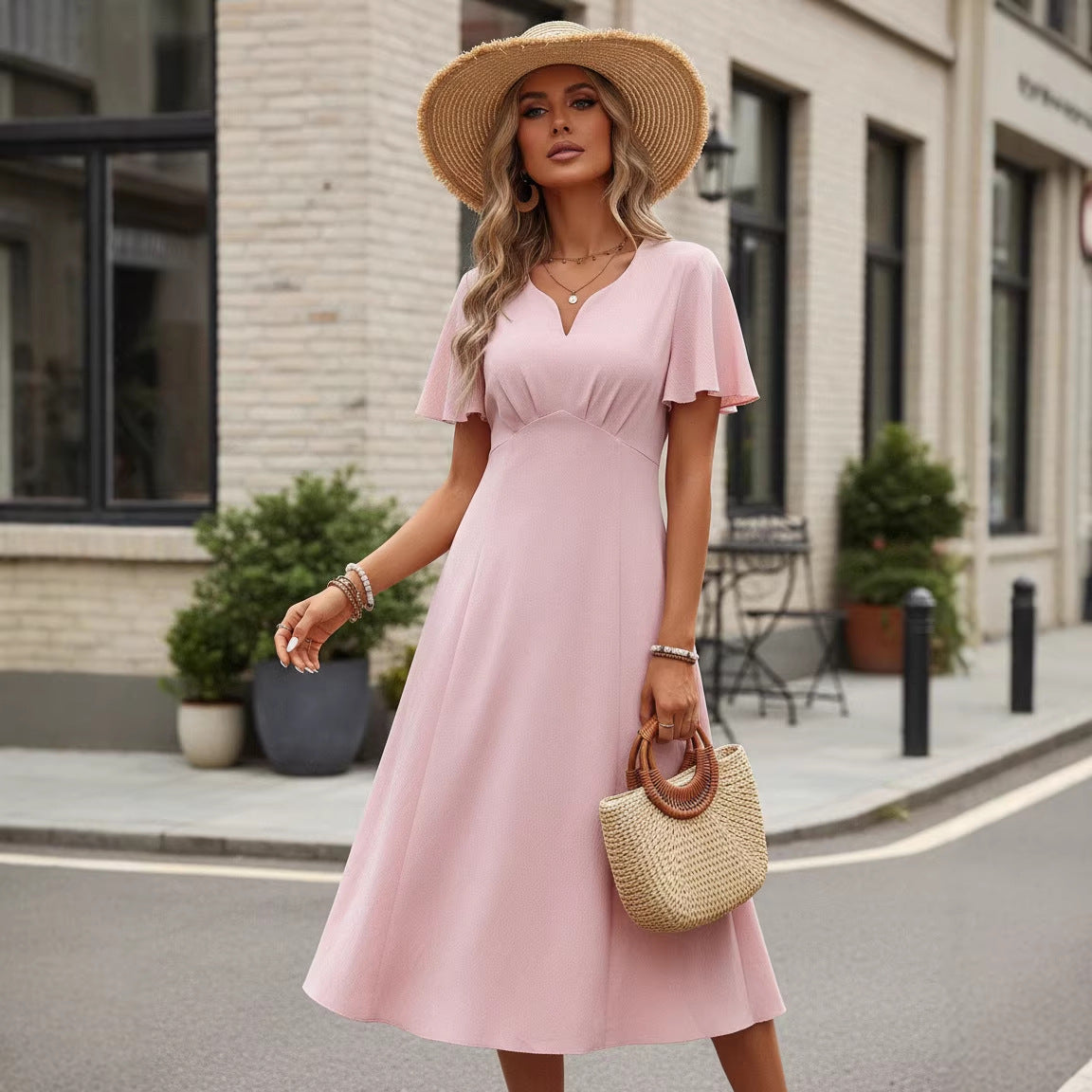 Short-sleeve V-neck French-style Elegant Dress